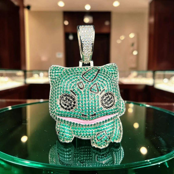 Custom Iced Out Frog Pendant: Silver-Tone Metal, Green Stones, Pink Enamel (38x60mm)