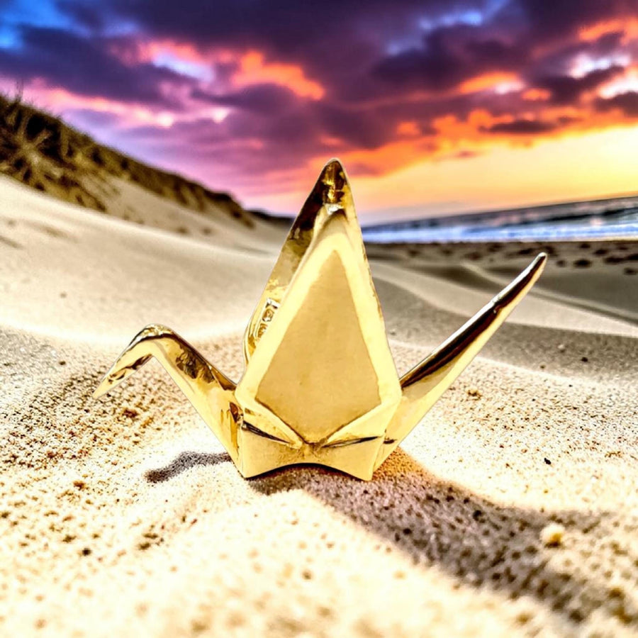 14 kt Gold Origami Crane Pendant, Symbol of Peace, Fortune, Longevity