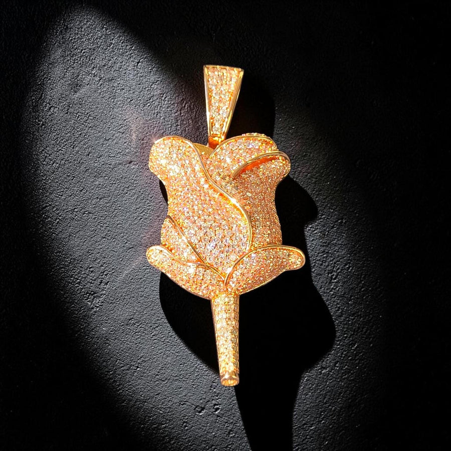 Rose Gold Plated Rose Pendant – 5A Grade CZ Hand Cut Stones (25x55mm)
