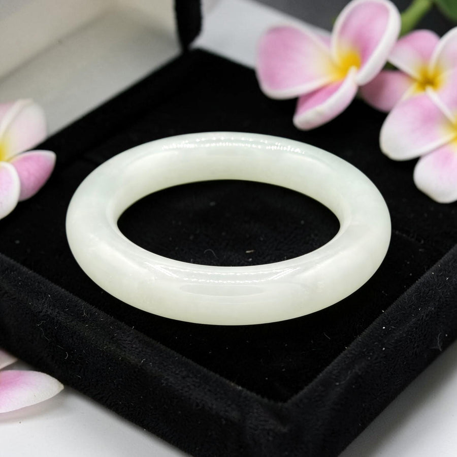 Natural Color white Jade Barrel Bangle - 14mm / Sz. 7