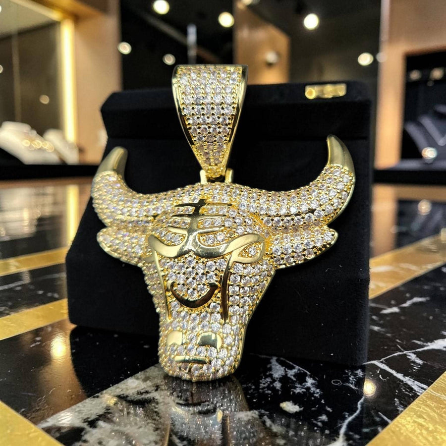 Custom Gold Filled Bull Pendant: 50x57mm, 5 A Grade CZ Stones