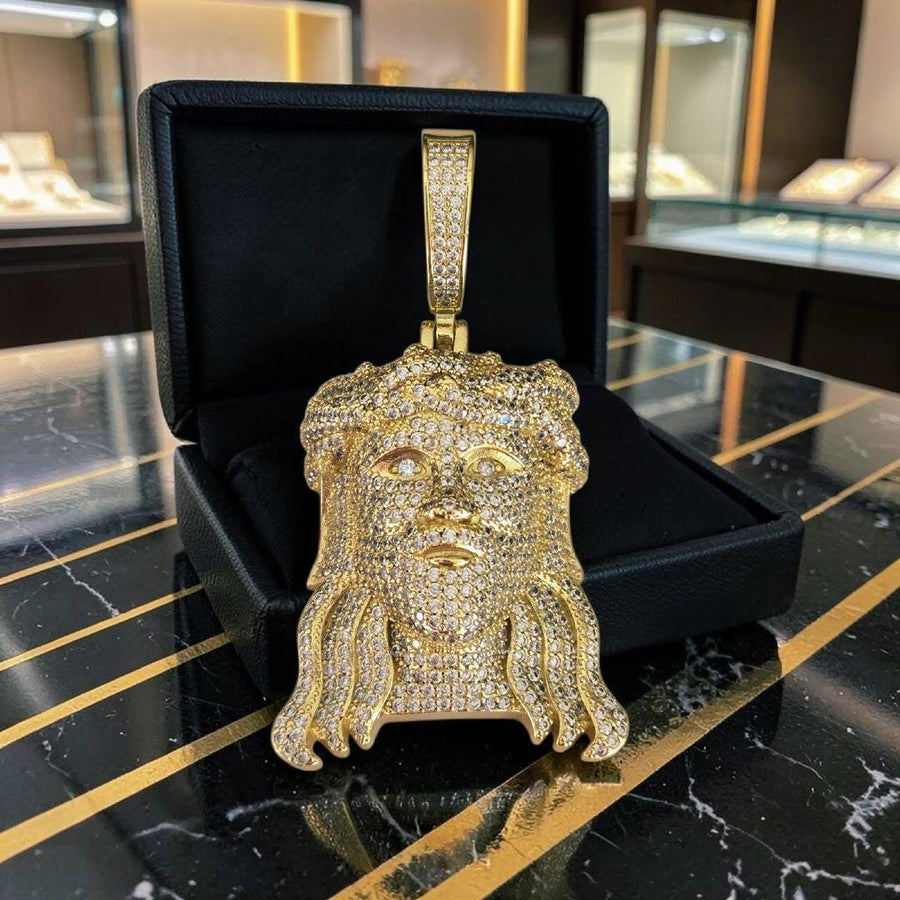 Custom Gold Filled Jesus Head Pendant – XL 38x70mm, 5 A Grade Cubic Zirconia Stones