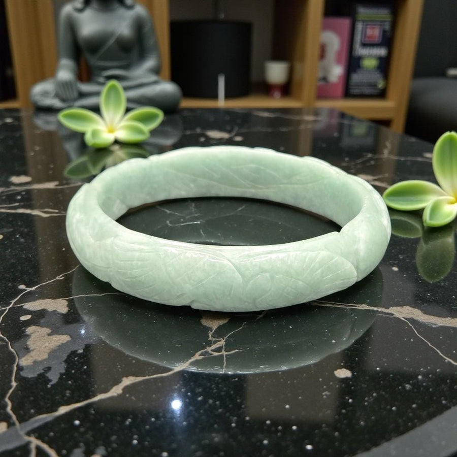 Hand Carved Natural Jade Bangle  – 14mm / Sz. 7.75