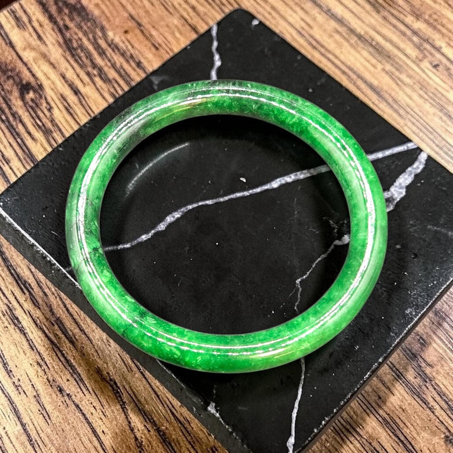 Green and Black  Jade  Barrel Bangle Bracelet- 8mm / Sz.6.75