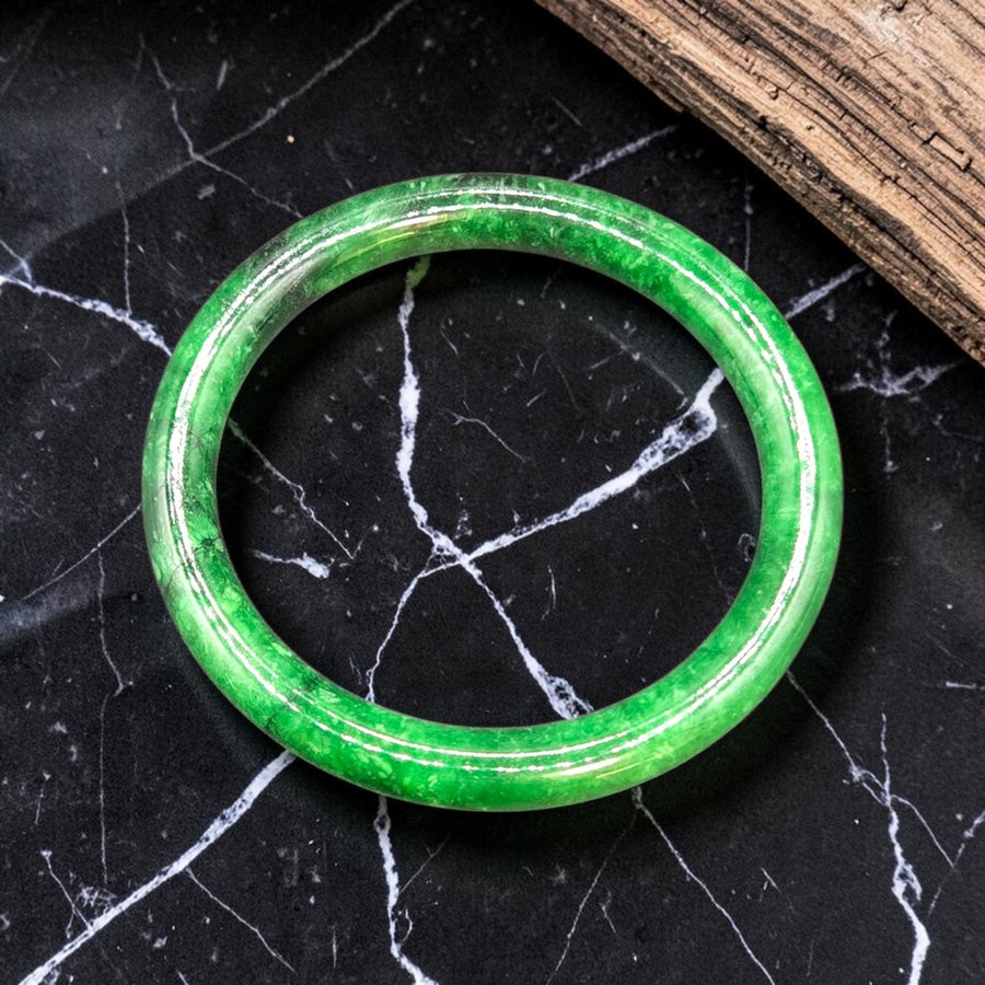Green and Black  Jade  Barrel Bangle Bracelet- 8mm / Sz.6.75