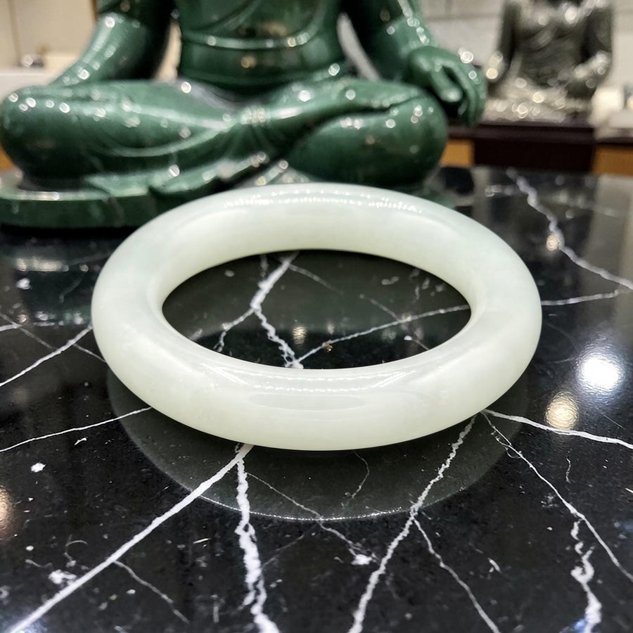 Natural Color white Jade Barrel Bangle - 14mm / Sz. 7