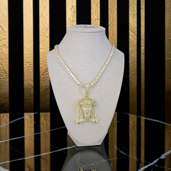 Iced Out Gold set Plated Jesus Head Pendant – 3mm CZ Tennis Chain (18" Long)