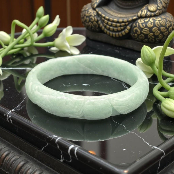 Hand Carved Natural Jade Bangle  – 14mm / Sz. 7.75