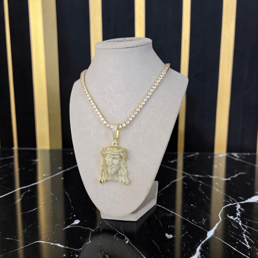 Iced Out Gold set Plated Jesus Head Pendant – 3mm CZ Tennis Chain (18" Long)
