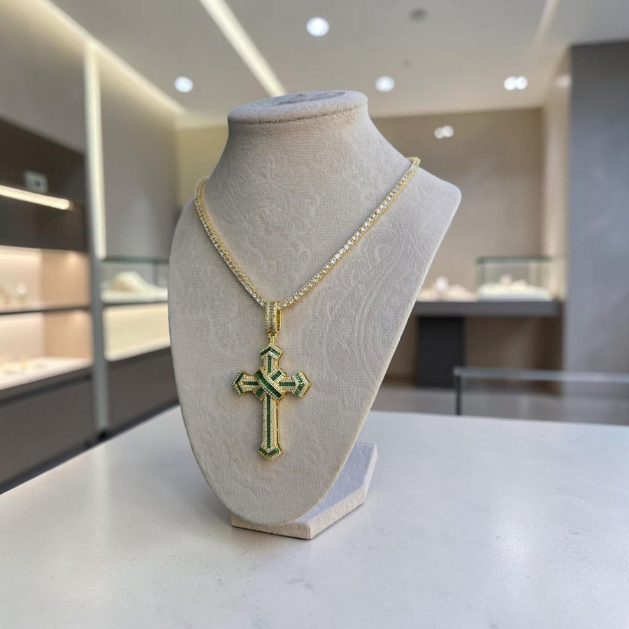 Iced out Cross  filled Pendant with Green CZ Stones – Tennis Chain Necklace (20" Long)