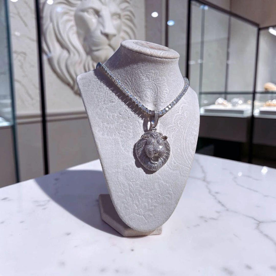 Custom White Gold  filled Lion Head Pendant with CZ Tennis Chain (43x70mm)