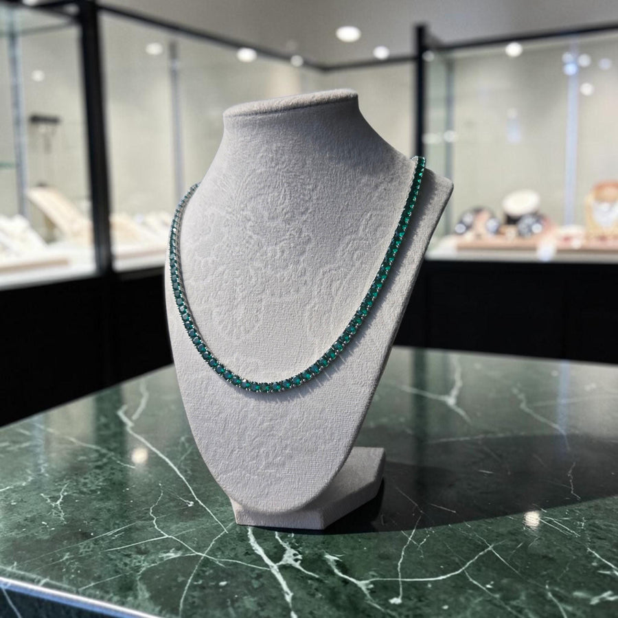 Iced Out Green CZ Tennis Necklace – 5.5mm Round Stones, Silver-Toned Setting (24 inches)