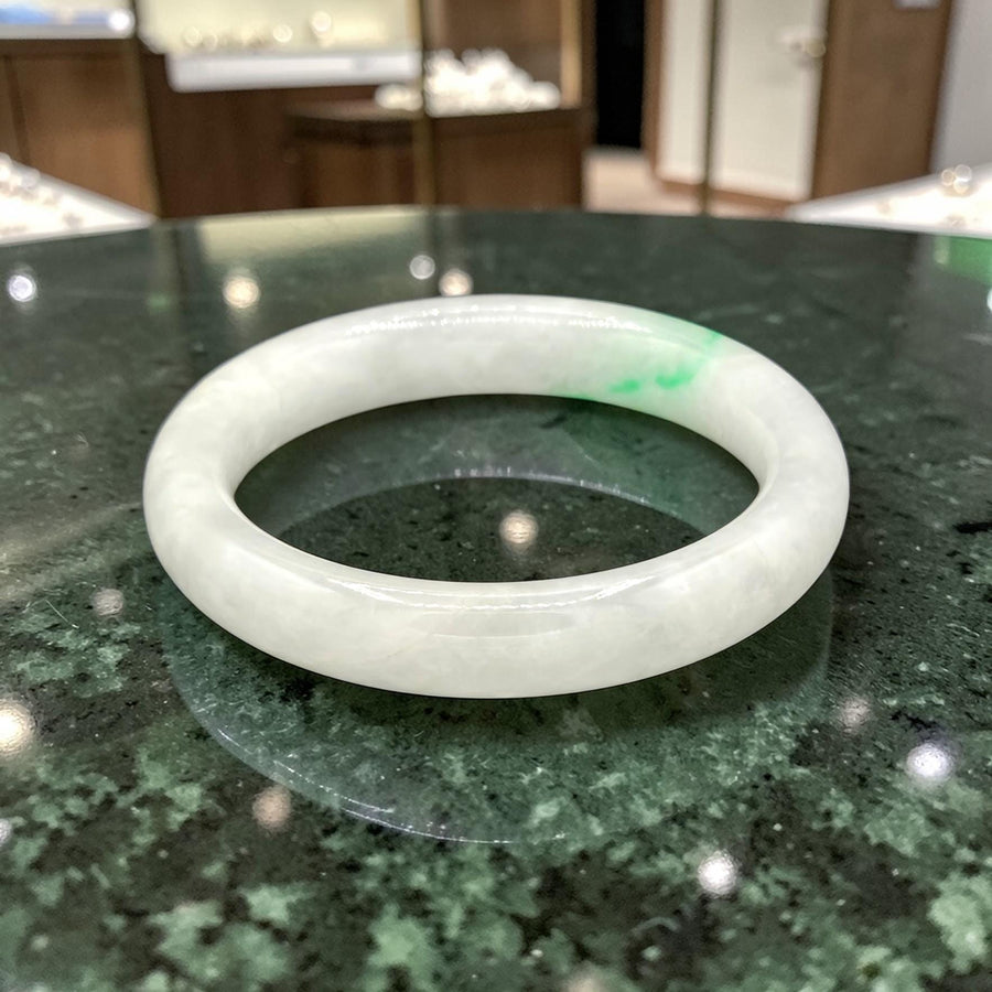 Natural White & GreenJade Barrel Bangle – 12mm / Sz. 7.5