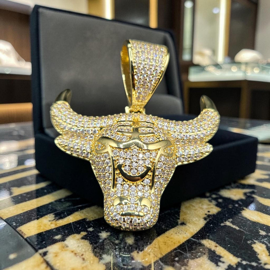 Custom Gold Filled Bull Pendant: 50x57mm, 5 A Grade CZ Stones