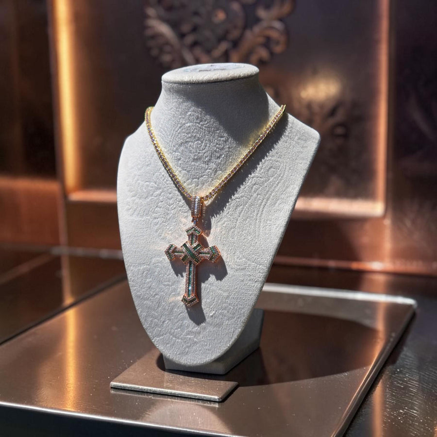 Rose Gold Plated Cross Pendant Necklace – 3mm CZ, 18" Tennis Chain