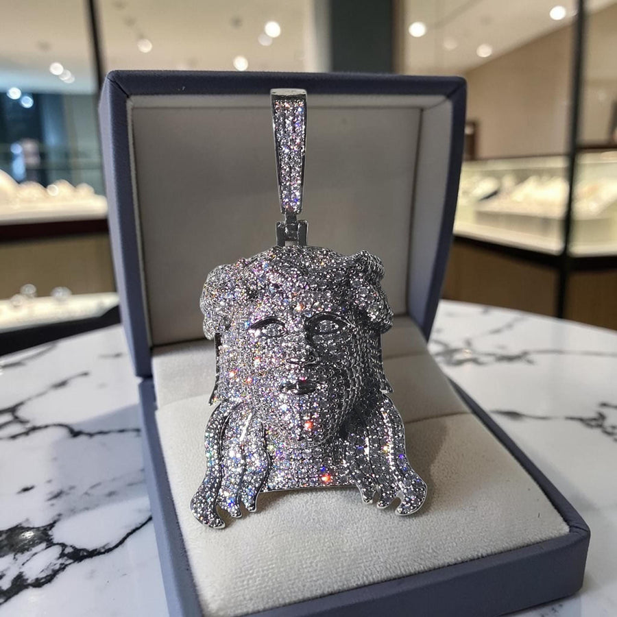 Iced Out White Gold Tone Jesus Head Pendant, 5 A Grade CZ Stones (38x70mm)