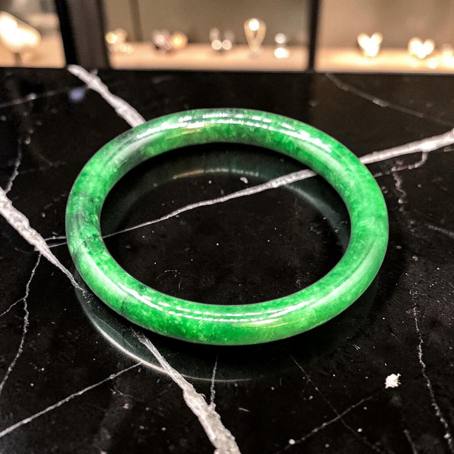 Green and Black  Jade  Barrel Bangle Bracelet- 8mm / Sz.6.75