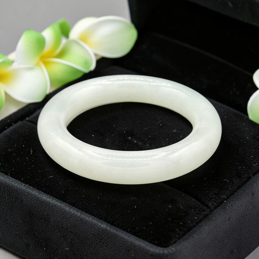 Natural Color white Jade Barrel Bangle - 14mm / Sz. 7