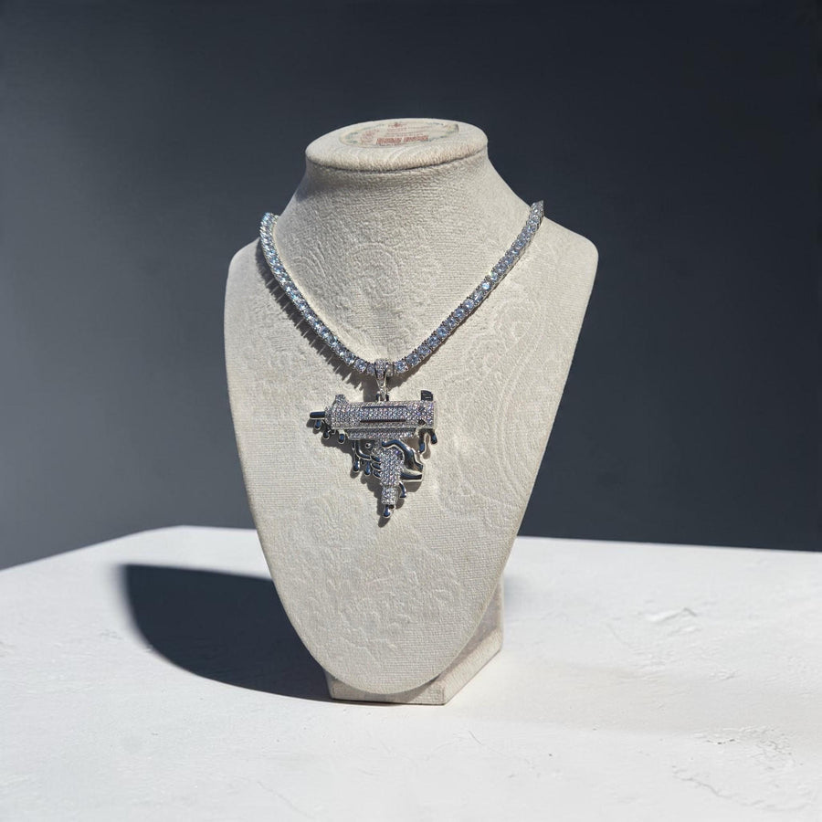 Custom White Gold  filled Uzi Pendant with CZ Tennis Chain – 52*60mm, 20" Length
