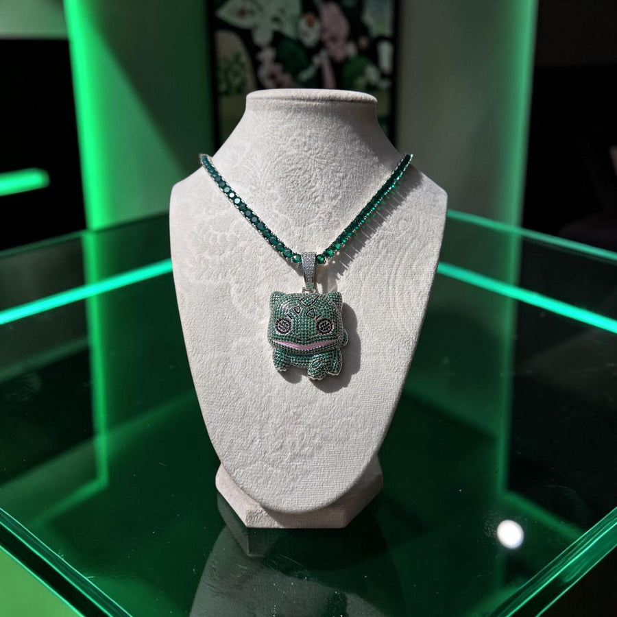 Iced Out Green  set CZ Pendant with White Gold Tone Tennis Chain (20" Long)