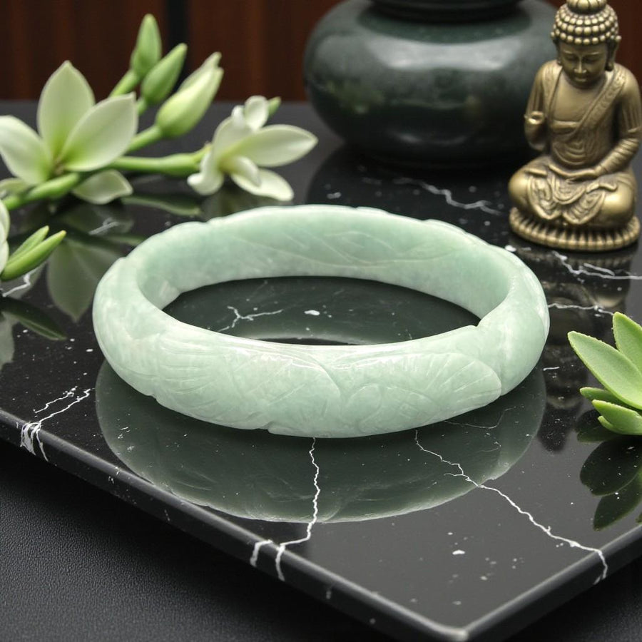 Hand Carved Natural Jade Bangle  – 14mm / Sz. 7.75
