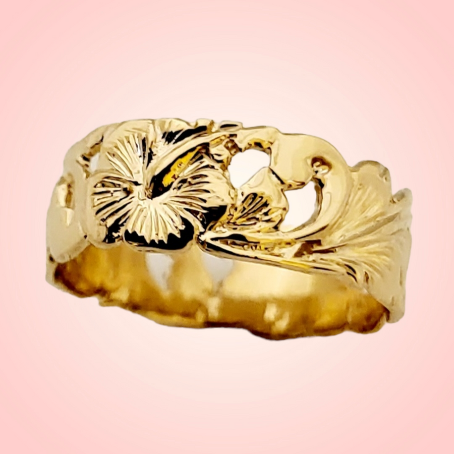 14K Yellow Gold Hibiscus Scroll Ring