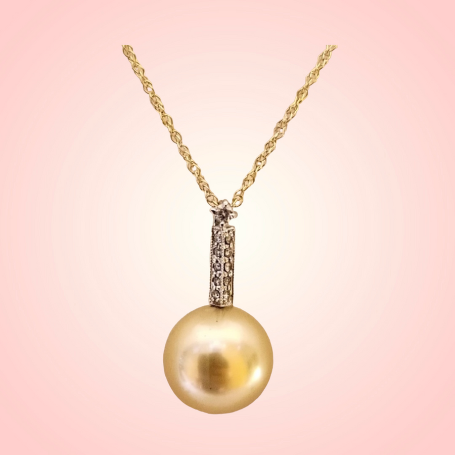18k South Sea Golden Pearl bar Pendant with Diamonds (11.4mm)