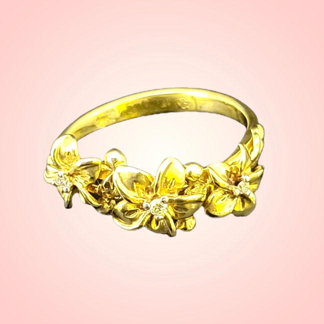 14K Plumeria Trio with Diamonds, 8mm