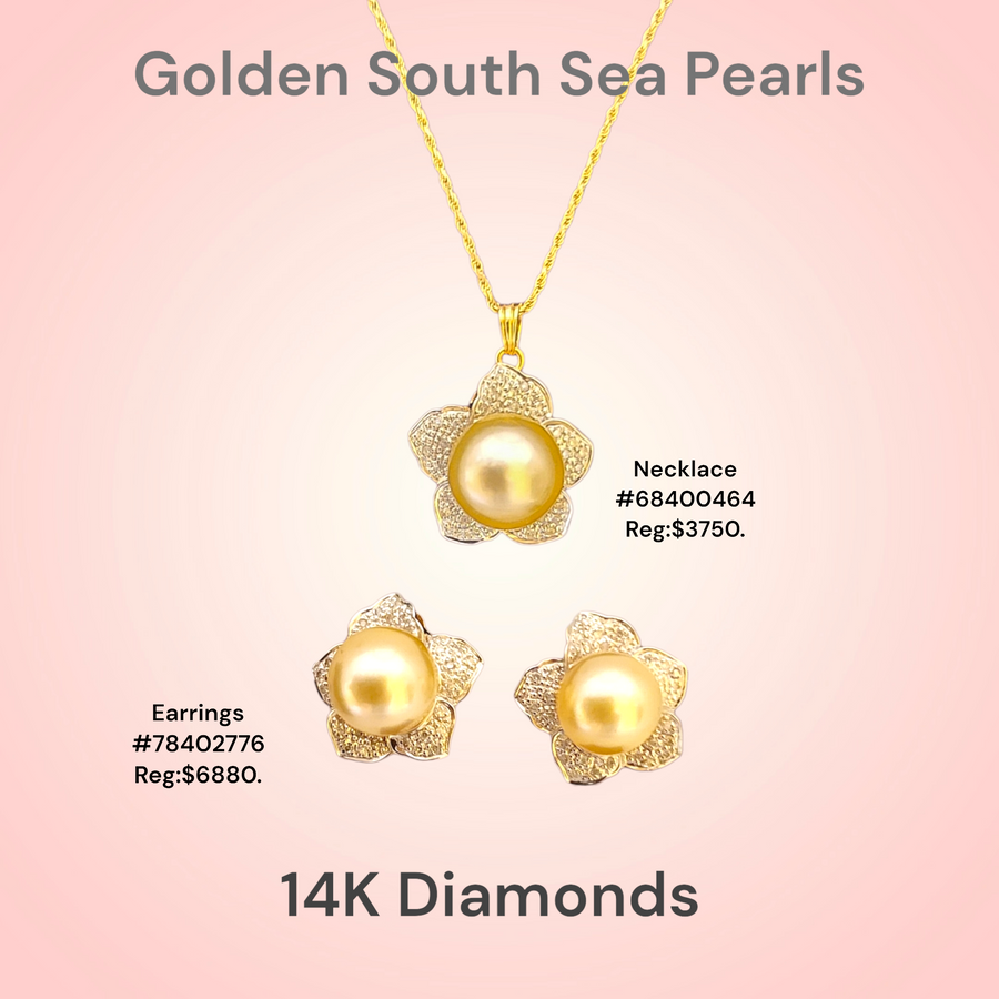 14K South Sea Golden Pearl with Diamond Plumeria Earrings (19mm)