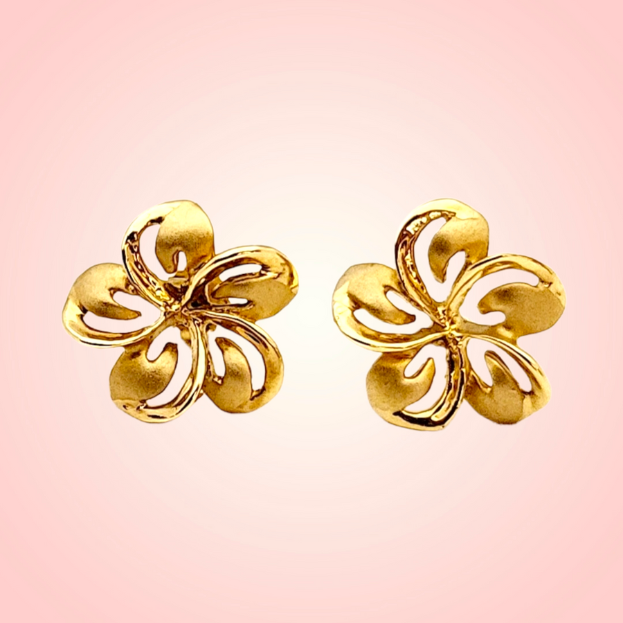 14k Solid Yellow Gold Hawaiian Plumeria Flower Drop Earrings (2.1g, Butterfly Closure)