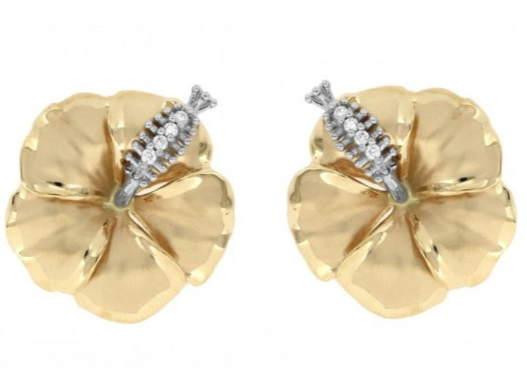 14K Yellow Gold Hibiscus Stud Earrings with Diamonds.