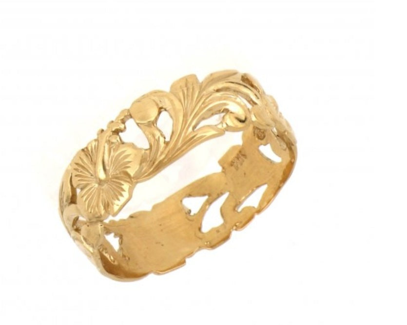 14K Yellow Gold Hibiscus Scroll Ring