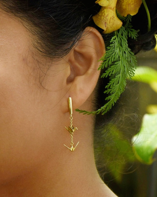 14K 3D Origami Peace Crane Design Earrings