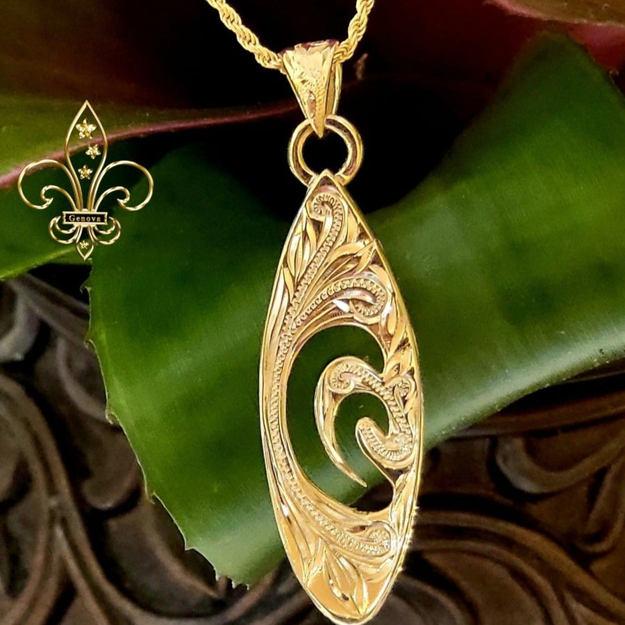Gold Over Sterling Silver Hawaiian Scroll & Tribal Design Surfboard Necklace