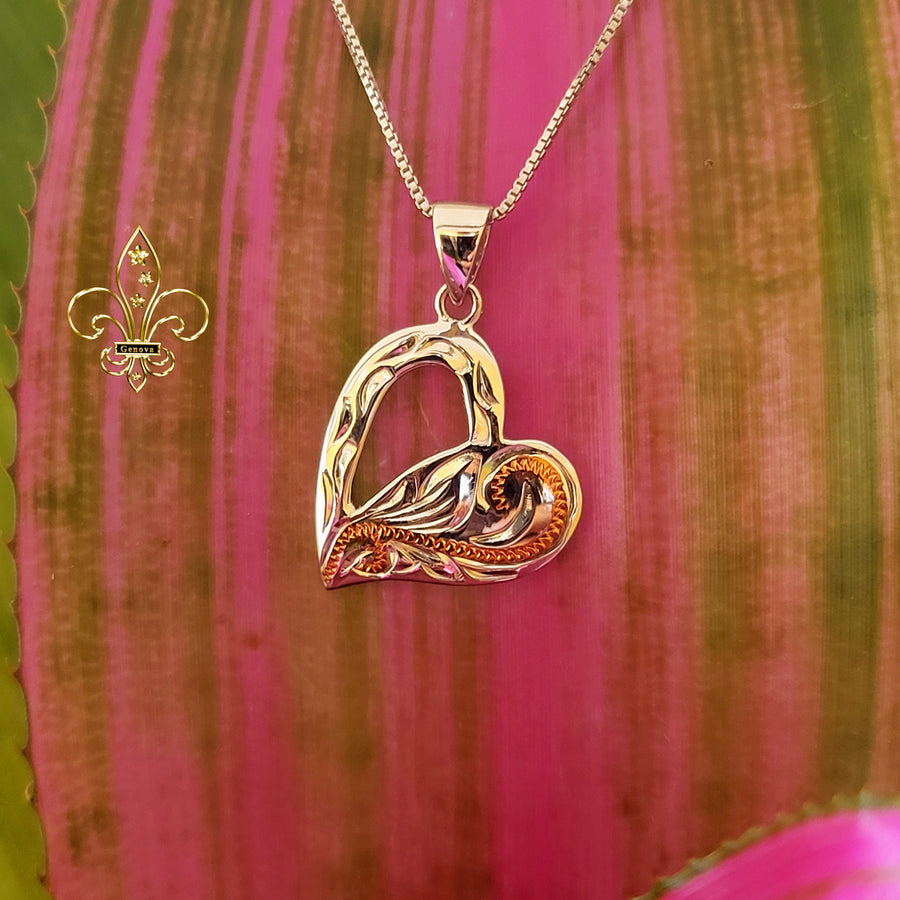 Sterling Silver Two Tone Hawaiian Scroll Heart Necklace (20mm)